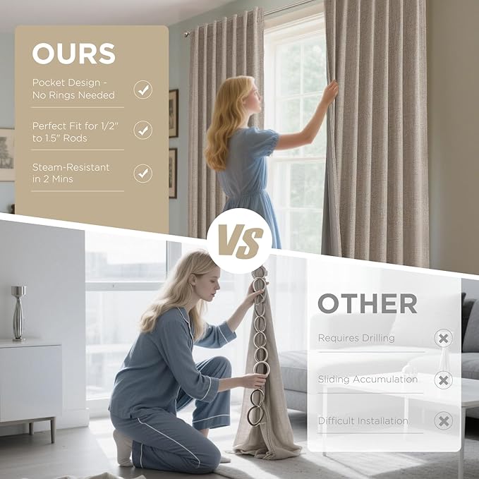 Joydeco 100% Blackout Curtains for Bedroom - Natural Linen Curtains 42" Wx 63" L Long, Thermal Insulated 2 Panels Linen Light Blocking Drapes, Rod Pocket & Back Tabs for Living Room