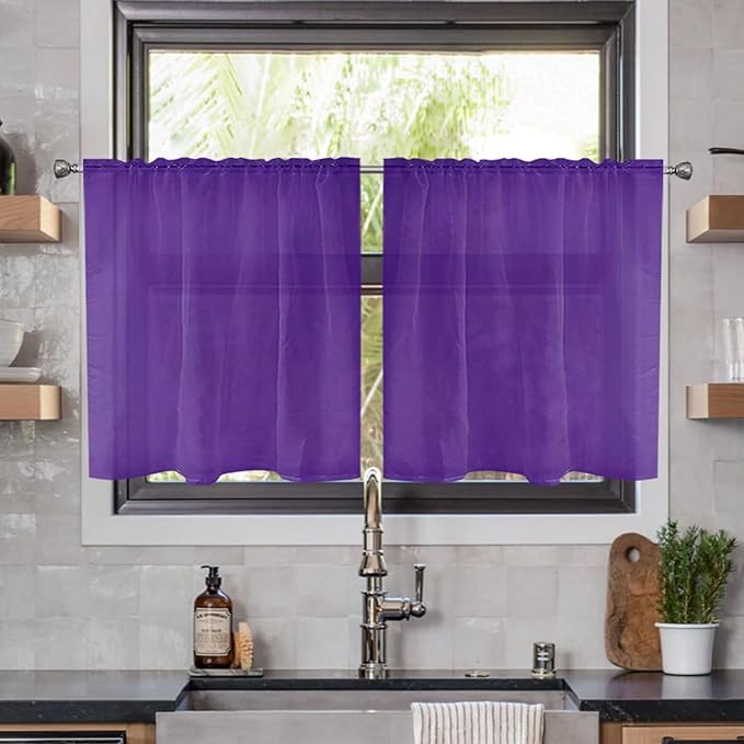 youleyar Solid Sheer Rod Pocket Curtain Voile Draperies 2 Panels White Beige Black Ivory Coffee 22 Inch Width 40 Inch Long 1 Pair for Kitchen Bedroom Children Living Room Yard(Purple,22W x 40L)