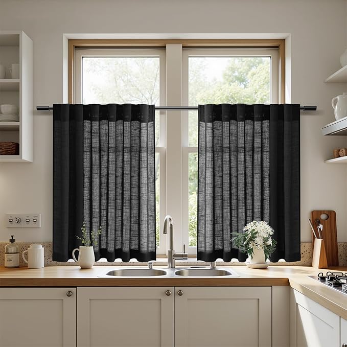 Nanspring Black Linen Curtains 30 Inch Length Short Kitchen,Privacy Linen Blend Light Filtering Panels Back Tab and Rod Pocket Cafe Drapes for Half Window 26 x 30 Inch,2 Panels
