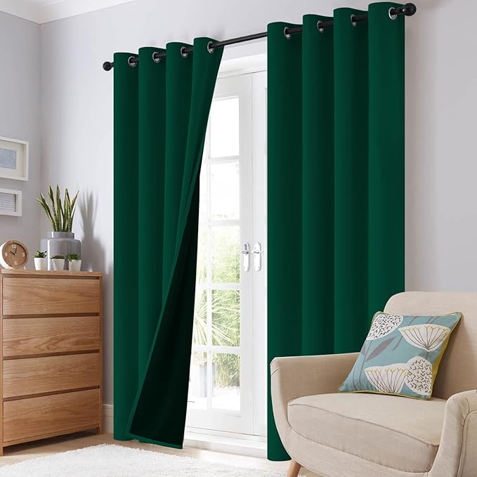 SimpleHome 100% Blackout Curtains for Bedroom,Thermal Insulated Grommet Window Drapes Room Darkening Dark Green Curtains for Living Room with Black Back,42 x 63 Inch,2 Panels