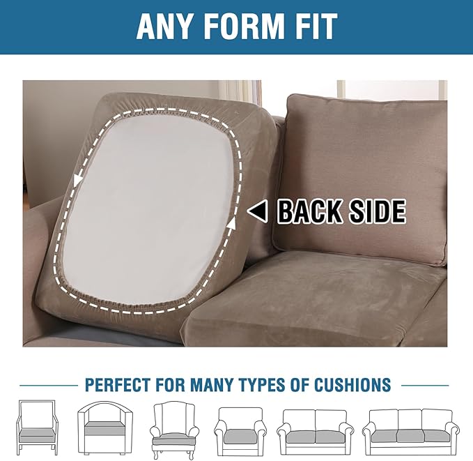 H.VERSAILTEX Velvet Stretch Couch Cushion Cover Plush Cushion Slipcover for Chair Loveseat Sofa Cushion Furniture Protector Seat Cushion Sofa Cover (2 Piece Medium Sofa Cushion Covers, Mocha)