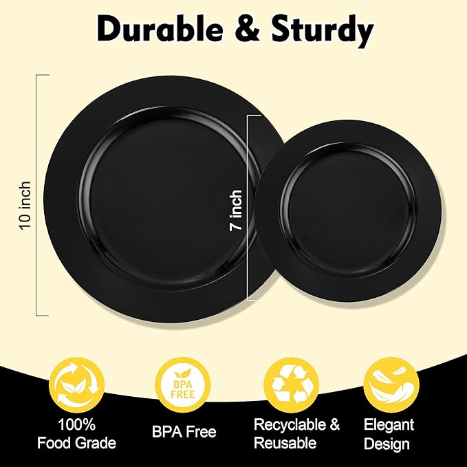 200 PCS Black Plastic Plates, Plastic Black Disposable Plates Include 100 10 inch Dinner Plate and 100 7 inch Dessert Plate,black plates Perfect for New Year Party, Wedding