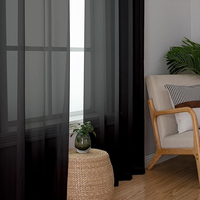 Simplebrand Black Sheer Curtains 90 Inches Long, Light Filtering Rod Pocket Solid Color Window Sheer Curtain Panels, Elegant Curtains & Drapes for Living Room, Bedroom 2 Panels (Black, 59" W x 90" L)