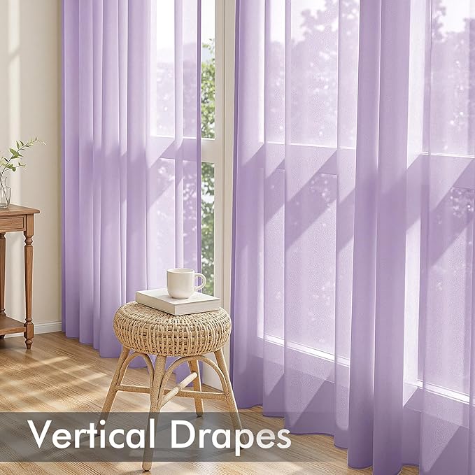 MIULEE Light Purple Sheer Curtains 108 Inches Long, 4 Panels Set, Lavender Light Filtering Rod Pocket Voile Drapes for Living Room and Bedroom, Airy Soft Fabric Window Treatments, 42 x 108 Inches