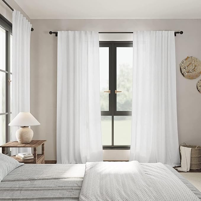 White Linen Curtains 84 Inch Length 2 Panels Back Tab Rod Pocket Semi Sheer Bedroom Curtains Light Filtering Country Closet Curtain Drapes Netural Farmhouse Window Panels for Living Dining Room 42x84