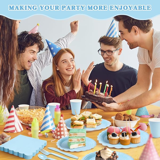 Vyntra 350 PCS Disposable Plates for Party, Paper Plates & Napkins Set with Cups, Knives, Forks, Spoons, 7'' Dessert and 9'' Dinner Plates for Baby Shower, Boy Birthday - Light Blue