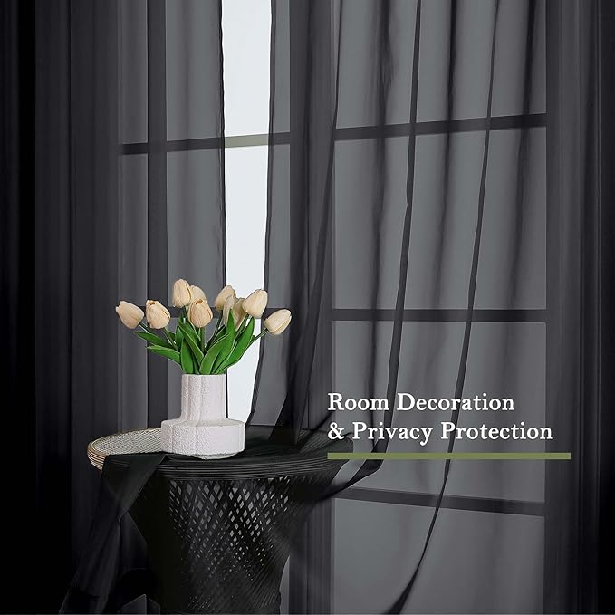Lecloud Black Sheer Curtains 84 Inches Long 2 Panels, Balance Light & Privacy Bedroom Living Room Dining Room Window Treatments, Solid Voile Curtain Drapes with Dual Rod Pocket, 59" W x 84" L