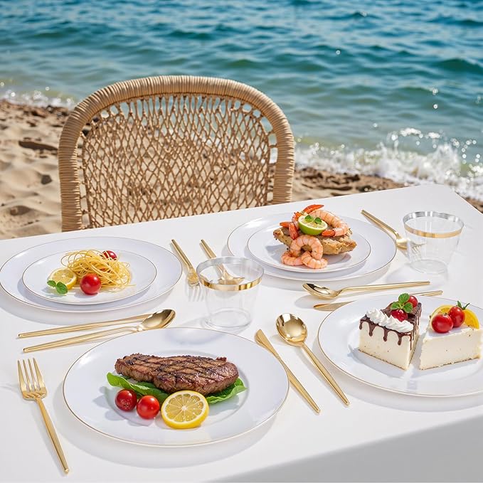 bUCLA 150PCS White and Gold Plastic Plates Disposable - 25 Guests Gold Dinnerware Set - Include 25 Each (Dinner & Dessert) Plates, 25 Knives, 25 Forks, 25 Spoons & 25 Cups for Party