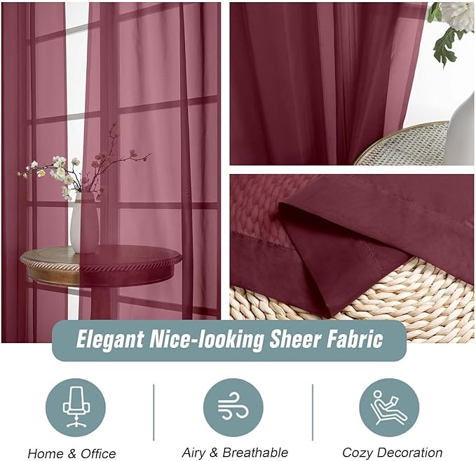 Extra Wide Sheer Curtains for Window 96 Inches Long 2 Panels Set, Elegant Light Filtering Voile Sheer Curtains for Sliding Glass Door, Dual Rod Pocket Window Drapes, Burgundy, 2x59Wx96L Inches