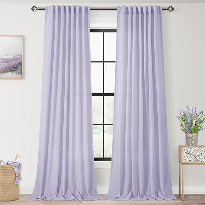 Lavender Back Tab Linen Curtains 102 Inches Length for Bedroom Living Room Semi Sheer Privacy Light Filtering Drapes Farmhouse Boho Texture Window Treatment Sets Violet Purple 52ﾗ102
