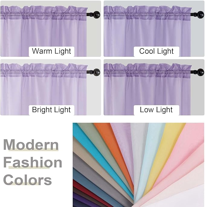 Lavender Valances for Windows, Lavender Sheer Curtains 14 Inch Length 2 Pack Kitchen Drapes, Modern Solid Mini Small Window Curtains for Cafe Bathroom Basement, 42" Wx14 L Inches