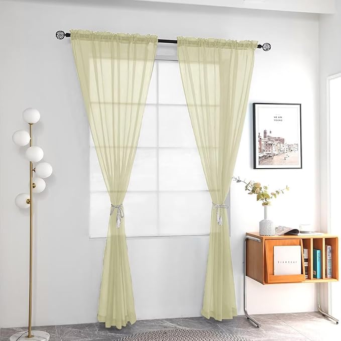youleyar Solid Sheer Rod Pocket Curtain Voile Draperies 2 Panels White Beige Black Grey Ivory 52 Inch Width 63 Inch Long 1 Pair for Kitchen Bedroom Children Living Room Yard (Sage Green,52Wｘ63L)