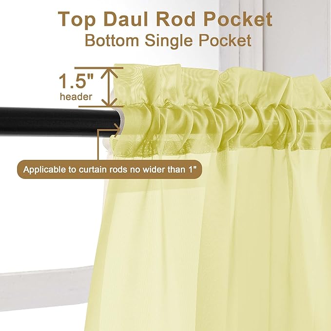 Chyhomenyc Sheer Curtains 108 Inch Length 2 Panels Set, Extra Long Light Filtering Solid Voile Window Drapes for Living Room Bedroom, 42Wx108L, 9FT Length, Set of 2, Lemon