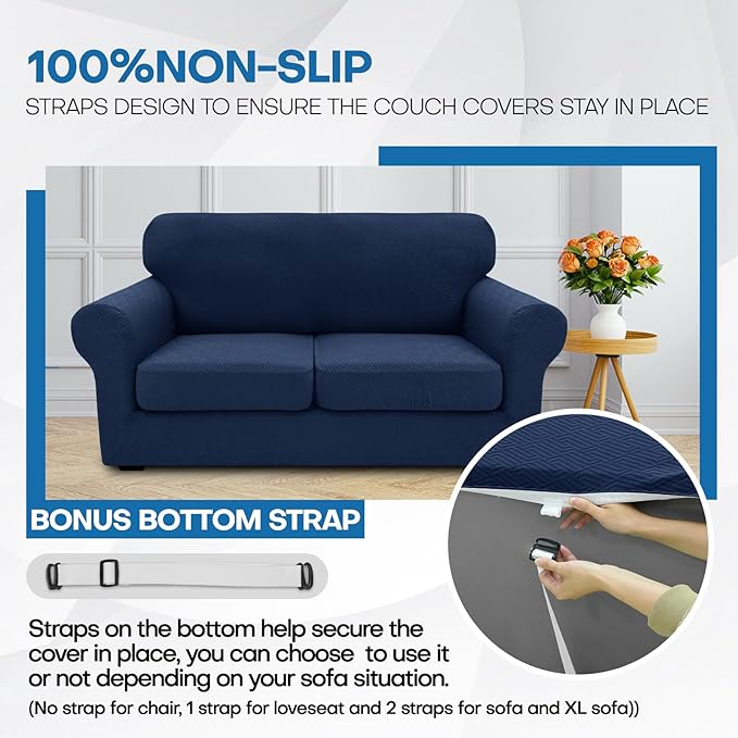 XINEAGE 2026 New 3 Pieces Couch Covers for 2 Cushion Sofa Super Stretch Loveseat Slipcover Pet Dog Universal Slip Cover Anti Slip Love Seat Furniture Protector (Navy Blue, 55"-69")