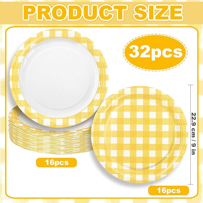 32 Pcs Yellow Gingham Party Plates - 9 Inch Checkered Plaid Dessert Plates Disposable Yellow and White Paper Plate - For Picnic BBQ Birthday Dinner Party Supplies