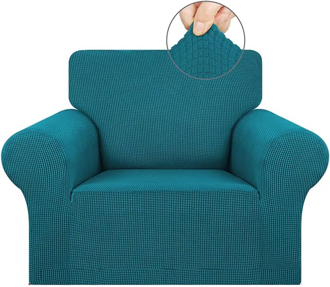 KEKUOU Stretch Single Sofa Slipcover 1 Piece Couch Sofa Cover (31"-55") Furniture Protector 1 Seater Sofa with Elastic Bottom for Kids,Pet.Jacquard Small Checked Pattern Fabric(Small,Peacock Blue)