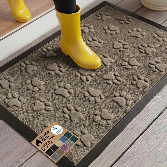 GORILLA GRIP 100% Waterproof All-Season WeatherMAX Doormat 35x23, US Designed Natural Rubber, Stain and Fade Resistant, Low Profile Indoor Outdoor Door Mats, Easy Clean Patio Mat, Tan Pawprints