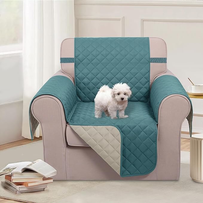 U-NICE HOME Reversible Oversized Chair Covers Quilted Water Repellent Pet Protectors with Elastic Straps(28''Armchair, Blue/Beige)