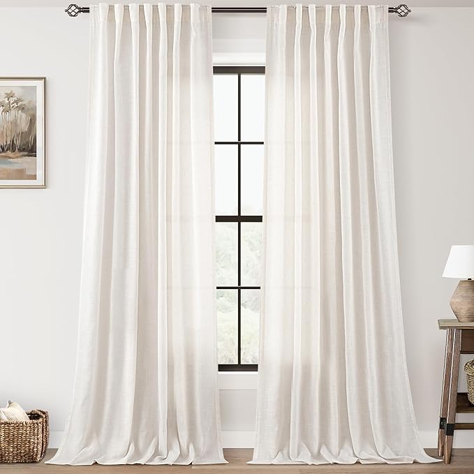Extra Long 132 inch Curtains Linen Blend for Living Room Back Tab Neutral Rustic Farmhouse Light Filtering Semi Sheer Linen Drapes 132 inch Ceiling to Floor For Large Window Villa Hallway Ivory 11 FT