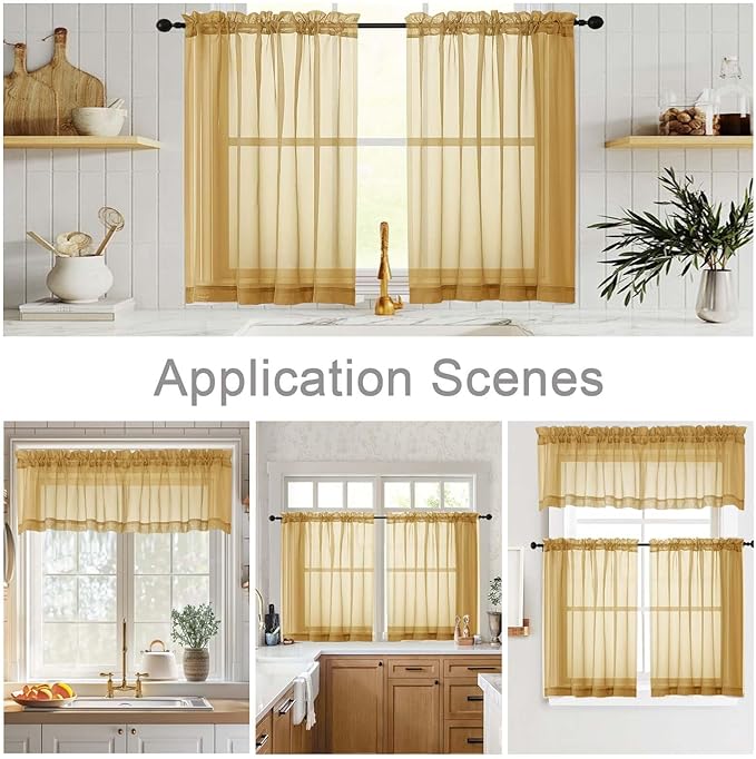 Gold Valances for Windows, Gold Sheer Curtains 14 Inch Length 2 Pack Kitchen Drapes, Modern Solid Mini Small Window Curtains for Cafe Bathroom Basement, Each 42" Wx14 L Inches