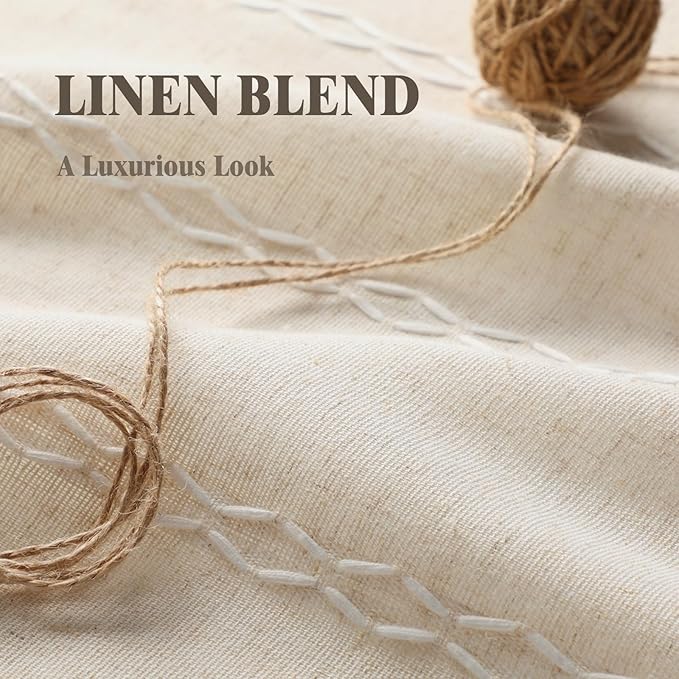 Boho Blackout Curtains 63 Inches Long Beige Linen Blend 2 Panels with Tassels and Cotton Embroidery, Farmhouse Vintage Rustic Rod Pocket Drapes for Living Room or Bedroom