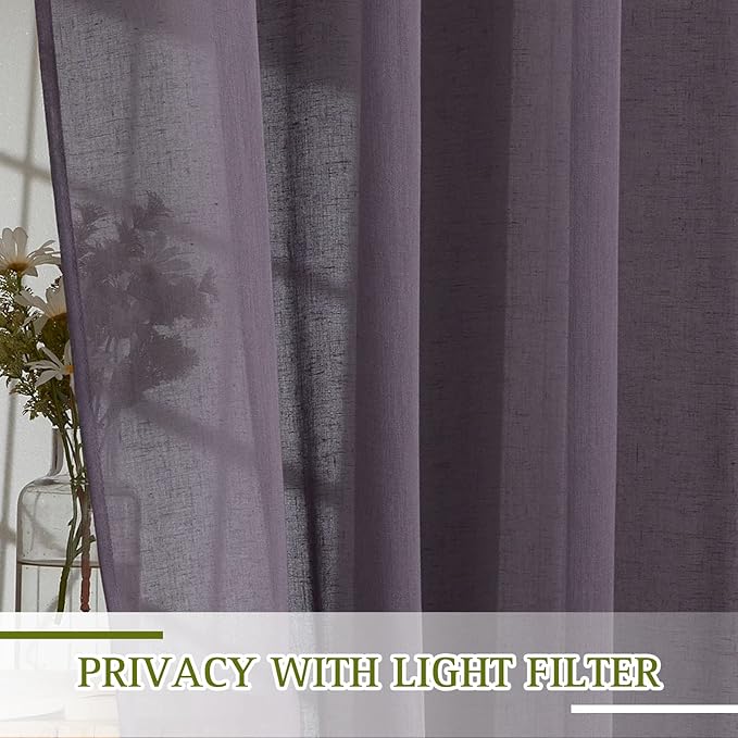 NICETOWN Faux Flax Linen Sheer Curtains for Living Room, Grommet Vertical Semi Sheer Curtains & Drapes Privacy with Light Filtering for Villa/Cottage, W52 x L96, Purple Brown, 1 Pair