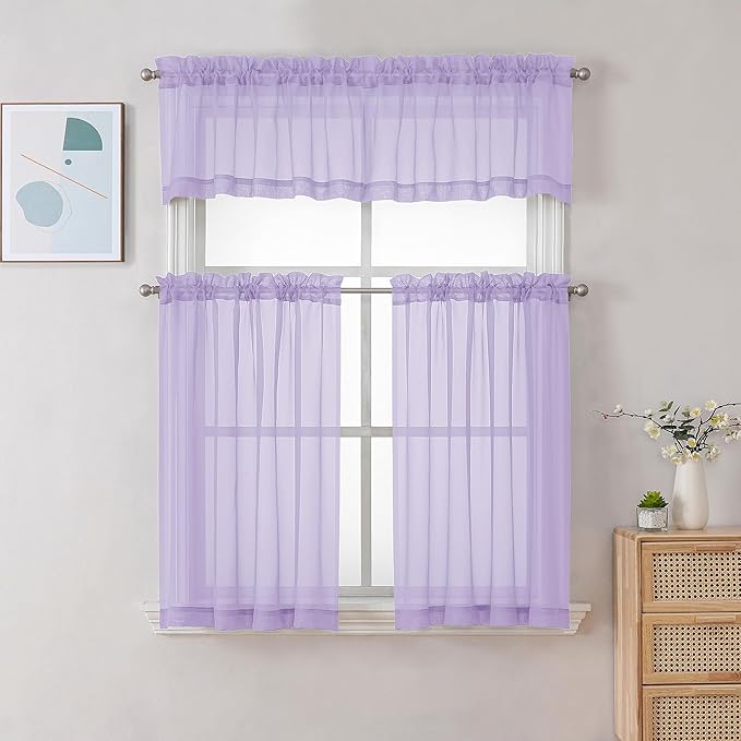 Chyhomenyc Lilac Sheer Valances for Windows - Light Filtering Small Kitchen Curtains, Rod Pocket Short Top Window Treatment Decor for Living Room Bathroom Basement, 42Wx16L inches, 2 Panels