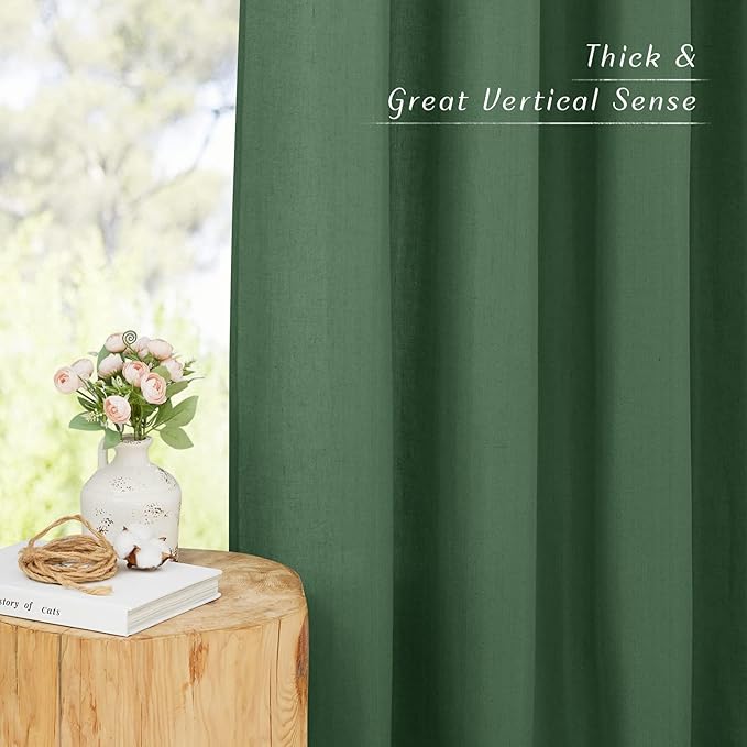 NICETOWN Flax Olive Green Linen Curtains for Room Divider, Grommet Top Thick Flax Semi Sheer Vertical Drapes Privacy Assured with Light Filtering for Sliding Glass Door, W68 x L96, 2 Pieces