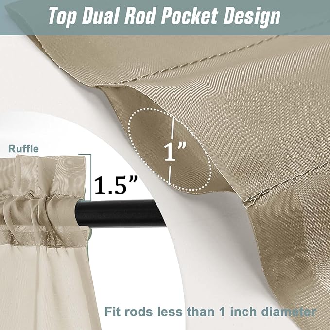 Taupe Valances for Windows 14 inch Length 2 Panels Set, Small Voile Sheer Curtains for Bathroom, Soft Fabric Lightweight Light Filtering Kitchen Curtains, Dual Rod Pocket, 2x42Wx14L Inches