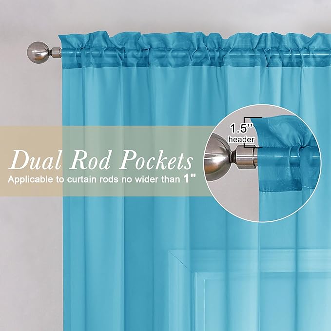 Lecloud Turquoise Sheer Curtains 90 Inches Long 2 Panels, Elegant Gauzy Airy Light Filtering Curtain, Voile Home Decor Drapes with Dual Rod Pocket for Bedroom Living Room, Each 42" W x 90" L