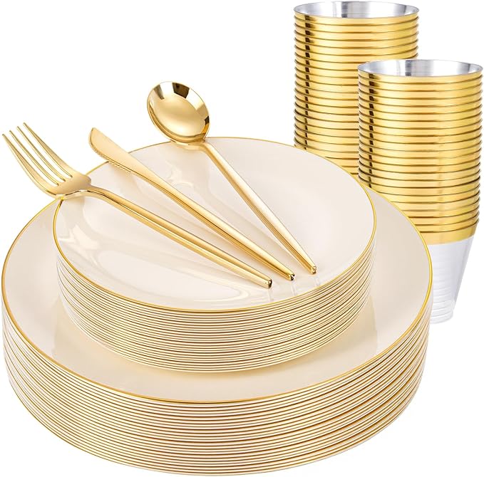 bUCLA 150PCS Ivory Plastic Plates with Gold Trim - Heavy Duty Cream Plastic Disposable for Party & Wedding - Include 25 Each（Dinner & Dessert） Plates, 25 Knives, 25 Forks, 25 Spoons & 25 Cups