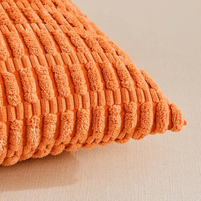 Fancy Homi 4 Packs Orange Fall Decorative Throw Pillow Covers 22x22 Inch for Couch Living Room Bed Sofa, Halloween Pumpkin Autumn Home Decor, Soft Cute Plush Corduroy Striped Cushion Case 55x55 CM