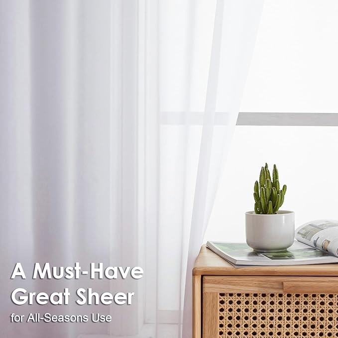 OVZME Sheer White Curtains 108" Inch Length 2 Panels Set, Light Filtering Soft Rod Pocket Voile White Drapes for Living Room/Bedroom, Each 42" W x 108" L