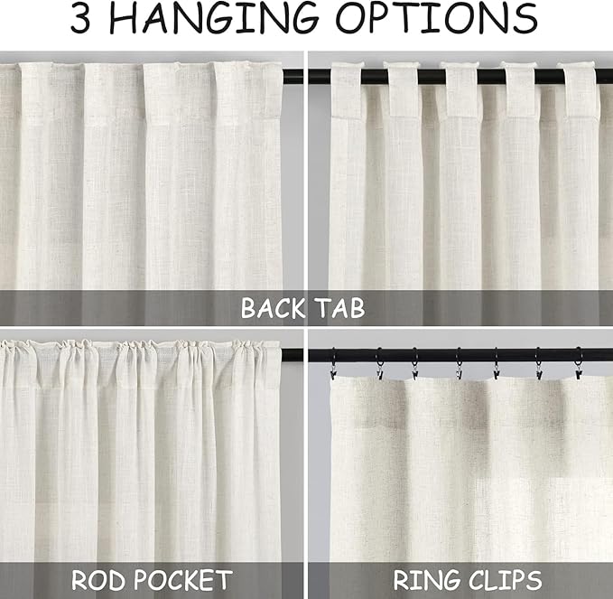 Nanspring Short Linen Kitchen Window Curtains 36 Inch Length, Over Sink Modern Neutral Cream Semi Sheer Back Tab and Rod Pocket Drapes for Basement Bathroom Curtains, 2 Panels, 34 x 36 Inch