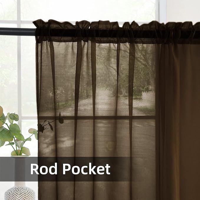 youleyar Solid Sheer Rod Pocket Curtain Voile Draperies 2 Panels White Beige Black Grey Coffee 52 Inch Width 72 Inch Long 1 Pair for Kitchen Bedroom Children Living Room Yard(Coffee,52Wｘ72L)