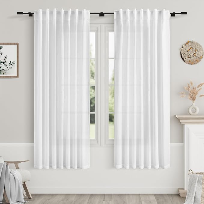 Nanspring White Linen Curtains for Bedroom Back Tab Light Filtering Privacy Sheer Curtains 68 Inches Long 2 Panels Set Modern Farmhouse Decor Linen Textured Gauze Curtain for Bathroom 52x68