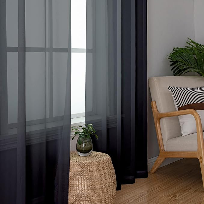 Lecloud Black Sheer Curtains 68 Inch Length 2 Pcs, Light Filtering Rod Pockets Window Curtains for Bedroom, Soft Voile Solid Home Drapes for Living Room Bathroom Loft, Each Panel 42" W x 68" L