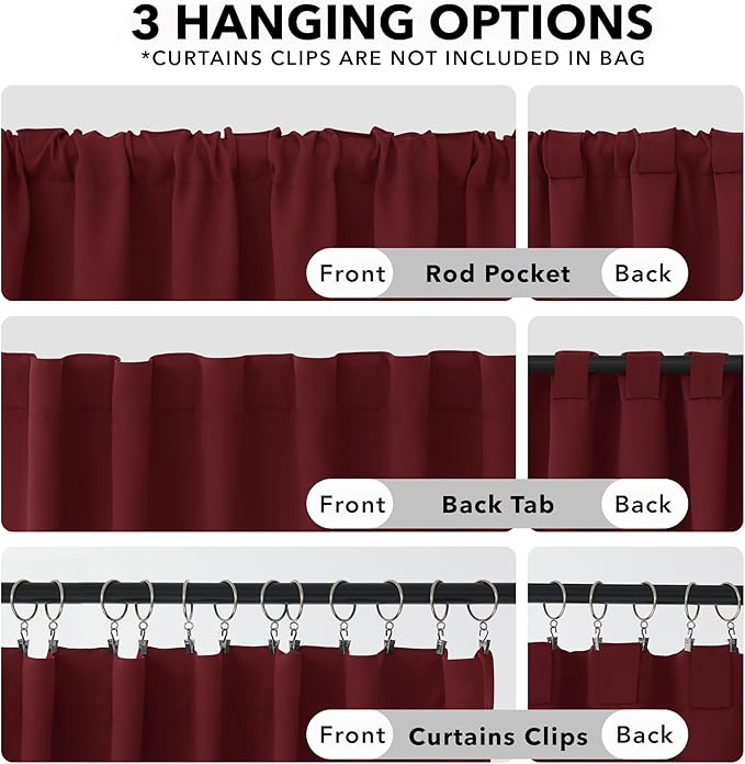 Deconovo Solid Back Tab and Rod Pocket Curtains Thermal Insulated Blackout Window Curtains for Kitchen 52Wx54L Inch Burgundy Red 2 Panels