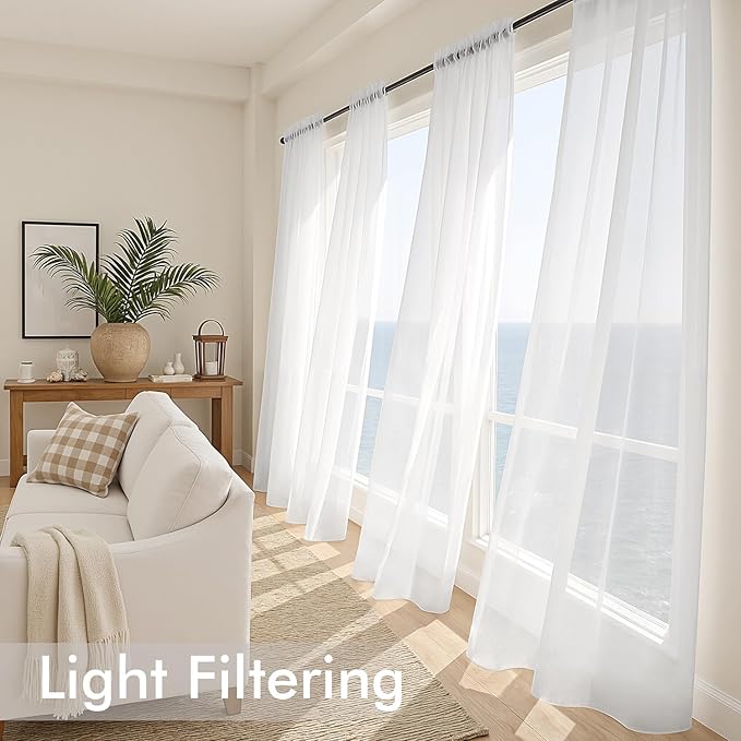 MIULEE White Sheer Curtains 96 Inches Long, 4 Panels Set, Light Filtering Rod Pocket Voile Drapes for Living Room and Bedroom, Airy Soft Fabric Window Treatments, 42 x 96 Inches