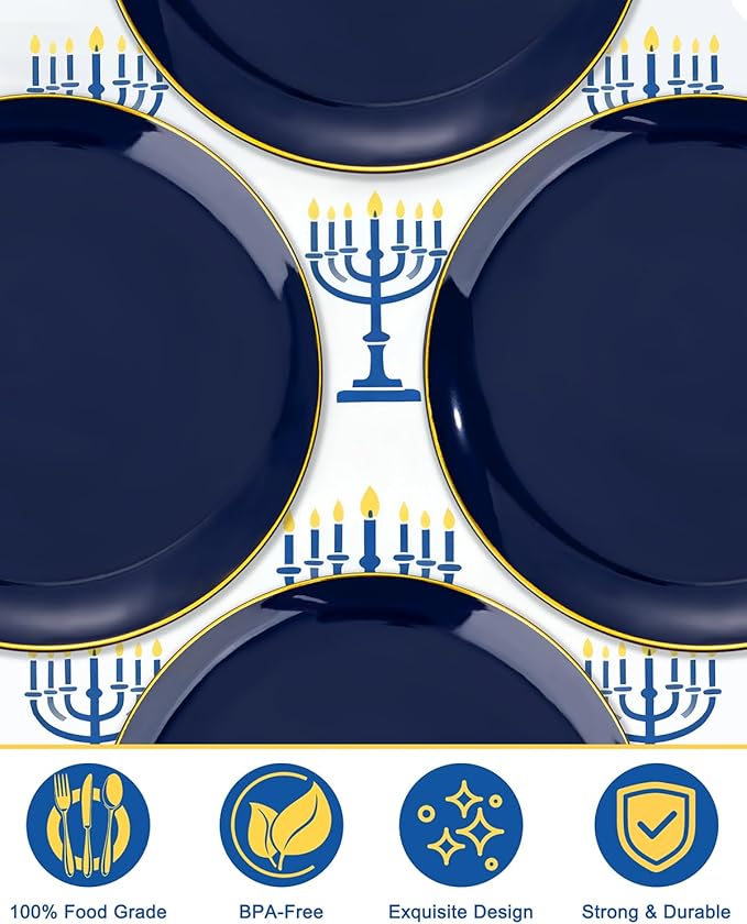 bUCLA 150PCS Blue and Gold Plastic Plates - 25 Guests Navy Blue Plastic Dinnerware Disposable for Party and Hanukkah - Include 25 Dinner/Dessert Plates, 25 Knives, 25 Forks, 25 Spoons, 25 Cups