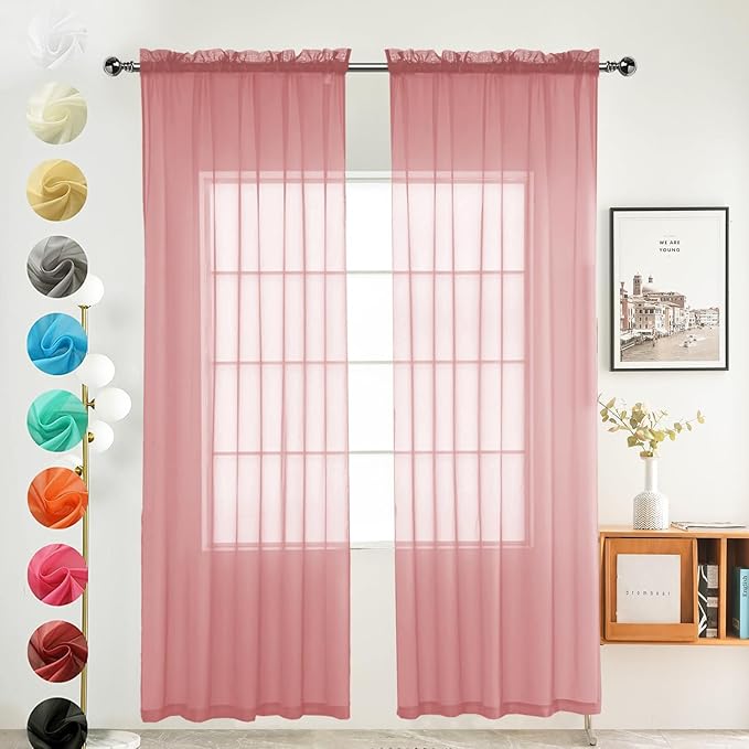youleyar Solid Sheer Rod Pocket Curtain Voile Draperies 2 Panels White Beige Black Grey Coffee 52 Inch Width 90 Inch Long 1 Pair for Kitchen Bedroom Children Living Room Yard (Blush,52Wｘ90L)