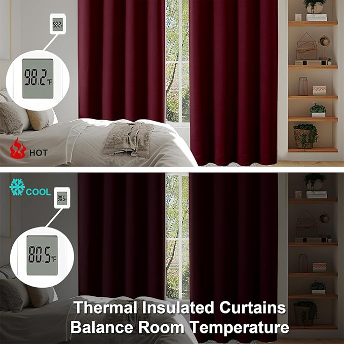 Simplebrand Ava Burgundy Blackout Curtains for Bedroom 72 Inch Length 2 Panels Set, Privacy Thermal Insulated Rod Pocket Window Curtains for Patio French Door Front Door, W40 x L72 Inch