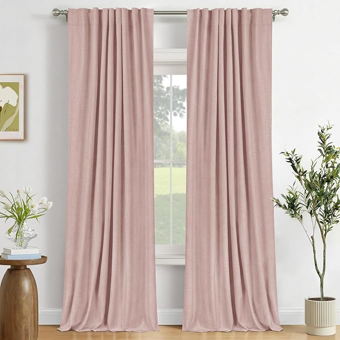 100% Blackout Shield Blush Linen Blackout Curtains for Bedroom 96 Inches Long, Back Tab/Rod Pocket Living Room Drapes, Thermal Insulated Blackout Curtains 2 Panels Set, 50" W x 96" L