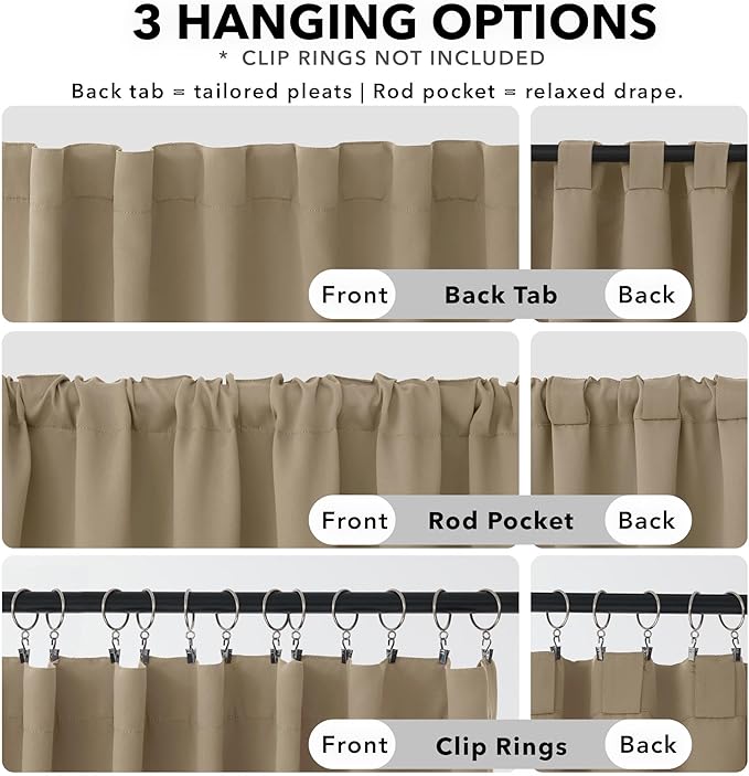 Deconovo Blackout Curtains, Thermal Insulated, W42 x L95 2 Panels, Back Tab, Machine Washable, Room-Darkening Drapes for Bedroom/Living Room Khaki
