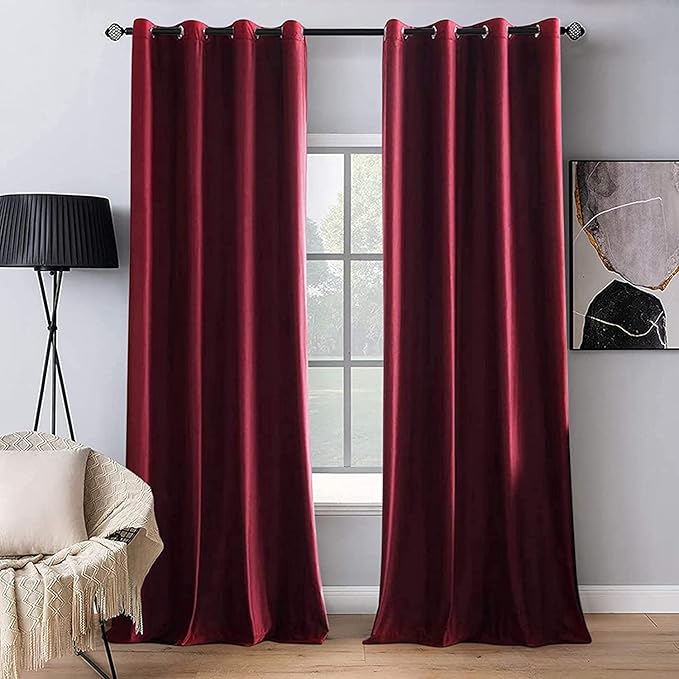MIULEE Christmas Burgundy Velvet Curtains Solid Soft Red Blackout Curtain Grommet Top Thermal Soundproof Room Darkening Curtains/Drapes/Panels for Living Room Bedroom 52 x 84 Inch 2 Panels