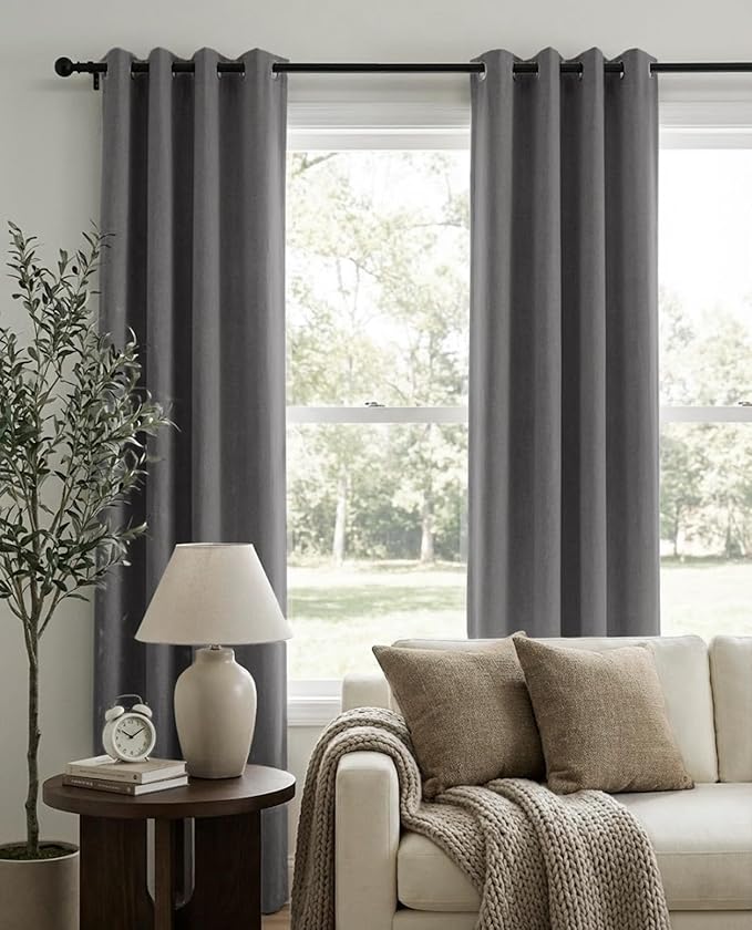 100% Blackout Shield Linen Blackout Curtains for Bedroom, Dark Gray Grommet Curtains for Living Room, Thermal Insulated Room Darkening Drapes for Nursery, Boho Home Decor, 50" W x 63" L, 2 Panels
