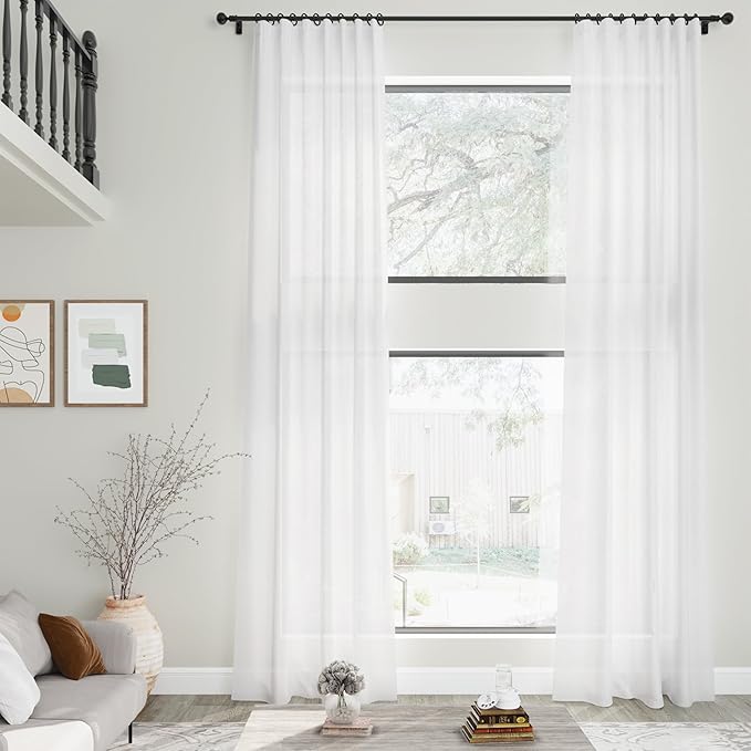 Nanspring Linen White Curtains for Living Room 2 Panels Set Extra Long Back Tab Light Filtering Semi Sheer Drapes Modern Farmhouse Decor Linen Textured Curtain for Floor to Ceiling Window 52x131