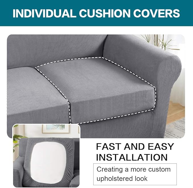 Turquoize 3 Piece Sofa Covers for 2 Cushion Couch Sofa Slipcover Soft Couch Cover for Dogs-Washable Sofa Furniture Covers with 2 Individual Cushion Covers, Feature Thick Fabric (2 Cushion Sofa, Dove)