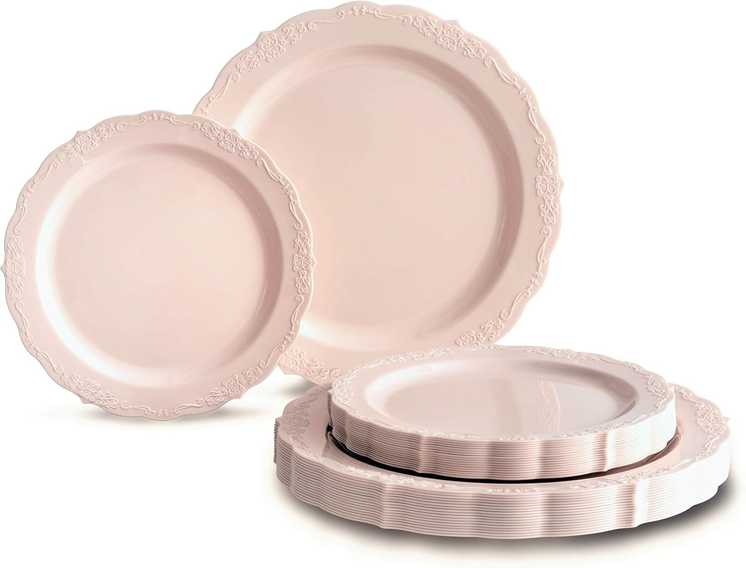 " OCCASIONS " 240 Plates Pack,(120 Guests) Vintage Wedding Party Disposable Plastic Plates Set -120 x 10'' Dinner + 120 x 7.5'' Salad / Dessert (Verona in Blush / Antique Rose)