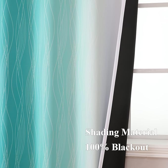 Estelar Textiler Grayish White and Teal Blackout Curtains for Living Room, Ombre Thermal Insulated Noise Reducing Blackout Drapes for Bedroom, Room Darkening Grommet Curtains, 52Wx72L, 2 Panels